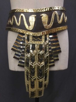 N/L, Dk Brown, Gold, Lt Brown, Black, Leather, Metallic/Metal, Animal Print, Chevron, Brown Leather with Gold Snake Embossed & Gold Trim Belt, Brown/Gold Chevron & Horizontal Stripes with Gold Trim Flap at Center Front, with Attached Leather String, Made To Order (Slightly Aged)
