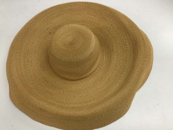 Womens, Straw Hat, PATRICIA UNDERWOOD, Tan Brown, Straw, Solid, Very Wide Brim Sun Hat (9" From Crown to Edge), Light Pink Felt Inner Structure, Barcode is Sewn Under Light Pink Understructure  **Coming Apart at Seam Between Crown and Brim