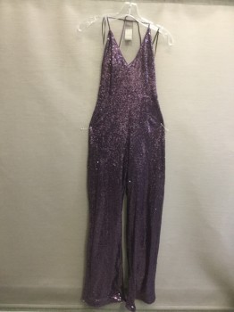 Womens, Jumpsuit, N/L, Purple, Synthetic, Sequins, Solid, S, V-neck, Spaghetti Strap Halter, Zip Back, Solid Non Sequined Panel Across Back with Snap Attachment