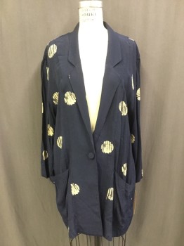 SILENCE & NOISE, Navy Blue, Tan Brown, Rayon, Dots, Crepe, Unlined, Single Breasted, Notched Lapel, 2 Patch Pocket, Oversized Unstructured