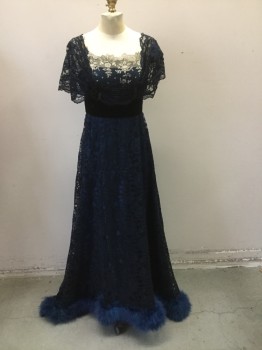 Womens, Evening Dress 1890s-1910s, N/L (MTO), Navy Blue, Black, Silk, Synthetic, Floral, W28, B32, Empire Line . Blue Silk with Black Lace Overlay. Cream and Black Lace Detail at Neckline. Black Sequin Detail at Bust Line Front, High Waist Trimmed with Black Velvet Ribbon. Blue Marabou Trim at Hemline. Hook & Eye Closure at Center Back,
