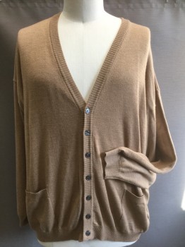 TOSCANO, Camel Brown, Wool, Solid, Knit, Long Sleeves, V-neck, 7 Button Front, 2 Patch Pockets