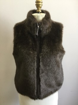 MEXX, Brown, Faux Fur, Acrylic, Solid, Faux Fur Vest, Zip Front, High Collar