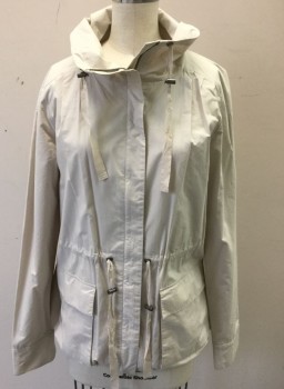 THEORY, Ecru, Cotton, Solid, Lightweight Jacket, Zip Front, Drawstring Waist, Stand Collar, 2 Large Flap Pockets at Hips, Solid Ecru Cotton Lining