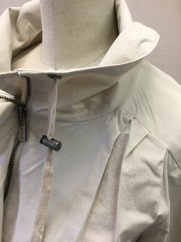 THEORY, Ecru, Cotton, Solid, Lightweight Jacket, Zip Front, Drawstring Waist, Stand Collar, 2 Large Flap Pockets at Hips, Solid Ecru Cotton Lining