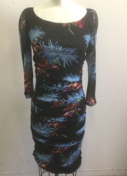 DVF, Black, Multi-color, Nylon, Floral, Sheer Black with Large Colorful Flowers Pattern Mesh, 3/4 Sleeves, Bateau/Boat Neck, Stretchy Body-Con Dress with Ruched Sides, Knee Length