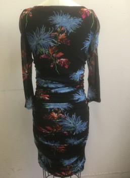 DVF, Black, Multi-color, Nylon, Floral, Sheer Black with Large Colorful Flowers Pattern Mesh, 3/4 Sleeves, Bateau/Boat Neck, Stretchy Body-Con Dress with Ruched Sides, Knee Length