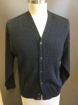 FIESOLE, Charcoal Gray, Wool, Cable Knit, Heathered Charcoal, Slight Cableknit , Ribbed, V-neck,