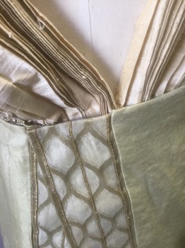 Mens, Historical Fiction Tunic, N/L MTO, Charcoal Gray, Cream, Gold, Polyester, Solid, Geometric, W:30, S, Champagne Accordion Pleated Top Half, Sleeveless with Plunging Front, Bottom is Panels of Cream and Gold Pattern, Open Vent at Center Front, Hidden Snap and Hook&Eye Closures, Made To Order