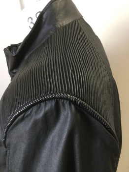 PEUGEOT, Black, Cotton, Solid, Coated Cotton, Zip Front, Zip Pockets, Pleather Ribbed Shoulders, Pleather Stand Up Collar