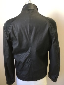 PEUGEOT, Black, Cotton, Solid, Coated Cotton, Zip Front, Zip Pockets, Pleather Ribbed Shoulders, Pleather Stand Up Collar