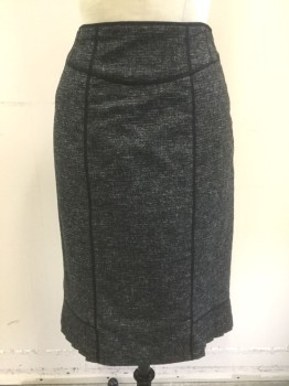 NANETTE LEPORE, Charcoal Gray, White, Viscose, Cotton, 2 Color Weave, Charcoal with White Woven Horizontal Streaks, Pencil Fit, Black 1/4" Wide Trim on Waist Seam and 2 Vertical Seams at Front and Back, Self Pleated Edge at Hem