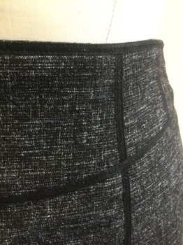 NANETTE LEPORE, Charcoal Gray, White, Viscose, Cotton, 2 Color Weave, Charcoal with White Woven Horizontal Streaks, Pencil Fit, Black 1/4" Wide Trim on Waist Seam and 2 Vertical Seams at Front and Back, Self Pleated Edge at Hem