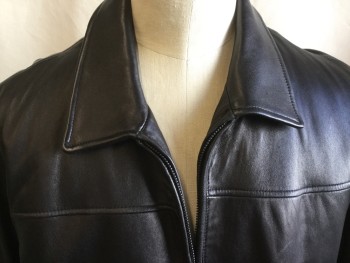 WILSONS LEATHER, Black, Leather, Solid, Collar Attached, Zip Front, 2 Pockets, Long Sleeves, Black Lining