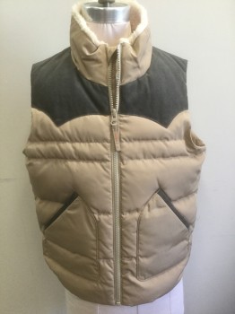 Childrens, Vest, UNIQLO, Lt Brown, Dk Brown, Polyester, Cotton, Solid, Color Blocking, 9-10, Puffer Vest, Light Brown with Dark Brown Corduroy Western Style Yoke at Shoulders/Back, Zip Front, 2 Pockets with Corduroy Trim, Neck Lined with Cream Fleece, Inside Lining is Bright Orange