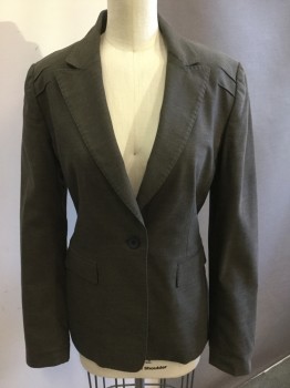 ELIE TAHARI, Brown, Tan Brown, Wool, Lycra, Stripes - Micro, Peaked Lapel, One Button Front, Pocket Flap, Fitted, Top Hand Stitch, Tuck Detail at Shoulders Front and Back