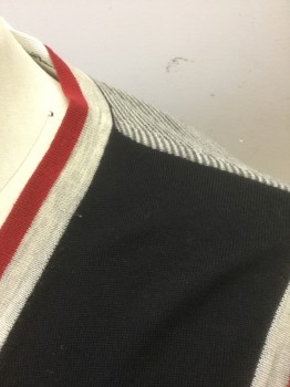 BLACK FLEECE, Black, Lt Gray, Red, Wool, Solid, Black Solid Front with Light Gray Edges at V-neck, Armholes and Hem, Back is Gray/Light Gray Busy Horizontal Stripe, Knit, Pullover