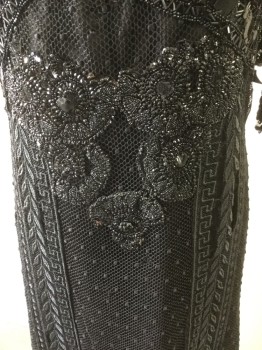 Womens, Evening Dress 1890s-1910s, MTO, Black, Beaded, Silk, Solid, W:24, B:36, Black Lace Netting Body with Black Satin Underlay, Ballet Neck, 1/4 Sleeve Lace Netting with Cap Sleeve Lace Overlay, Criss Cross Beading at Bodice with Lace, Loose Netting Lace Body, ** Starting to Rot**, Beading at Waist,