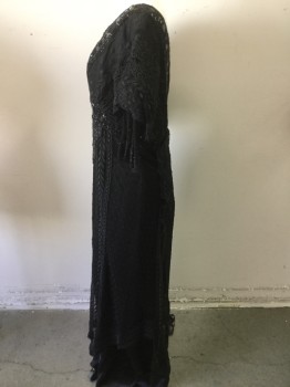 Womens, Evening Dress 1890s-1910s, MTO, Black, Beaded, Silk, Solid, W:24, B:36, Black Lace Netting Body with Black Satin Underlay, Ballet Neck, 1/4 Sleeve Lace Netting with Cap Sleeve Lace Overlay, Criss Cross Beading at Bodice with Lace, Loose Netting Lace Body, ** Starting to Rot**, Beading at Waist,