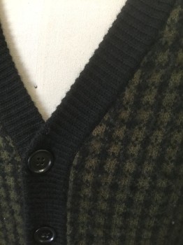 ROGUES GALLERY, Black, Olive Green, Wool, Check , Solid, Olive and Black Checked Pattern Front, Solid Black Long Sleeves and Back, Knit, V-neck, 6 Buttons at Front, 2 Welt Pockets