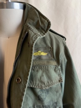 ROTHCO, Olive Green, Cotton, Solid, Military Style Jacket, Zip Front, Zip at Collar, 4 Patch Pockets, Variety of Patches (Vietnam Veteran), Aged