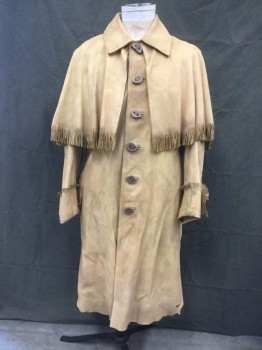 Mens, Historical Fiction Coat, MTO, Butter Yellow, Leather, Solid, 42, 6 Antler Btns, Caplet with Fringe, Cuffs with Fringe, 2 Pckts with Flaps, 3 Patched Spots on Back of Caplet, Aged/Distressed, Early 1800s, Buffalo Bill, MULTIPLES