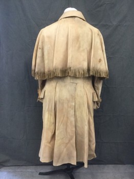Mens, Historical Fiction Coat, MTO, Butter Yellow, Leather, Solid, 42, 6 Antler Btns, Caplet with Fringe, Cuffs with Fringe, 2 Pckts with Flaps, 3 Patched Spots on Back of Caplet, Aged/Distressed, Early 1800s, Buffalo Bill, MULTIPLES