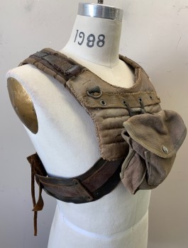 Unisex, Sci-Fi/Fantasy Harness, N/L MTO, Brown, Dusty Brown, Leather, Cotton, O/S, X Shaped Harness, Panels of Leather and Heavy Duty Canvas, Adjustable Buckle at Side Waist, Canvas Pouch with Snap Closure at Center Front, Aged, Made To Order