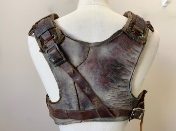 Unisex, Sci-Fi/Fantasy Harness, N/L MTO, Brown, Dusty Brown, Leather, Cotton, O/S, X Shaped Harness, Panels of Leather and Heavy Duty Canvas, Adjustable Buckle at Side Waist, Canvas Pouch with Snap Closure at Center Front, Aged, Made To Order