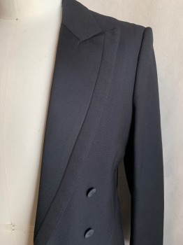 Mens, Tailcoat 1890s-1910s, N/L, Black, Wool, Polyester, Solid, 42, Double Breasted, Twill, Peaked Lapel, Satin Panel On Lapel, Plastic Buttons, Made To Order,