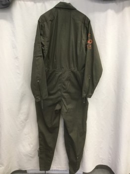 Unisex, Sci-Fi/Fantasy Jumpsuit, N/L, Dk Green, Poly/Cotton, Solid, I 30.5, 46, Flight Suit, Zip Front, Collar Attached, Long Sleeves, 6+ Pockets, Zip Slit Sleeves, Tab Snaps at Waist, Zip Slit Legs, Orange Painted Numbers/Logo on Right Sleeve