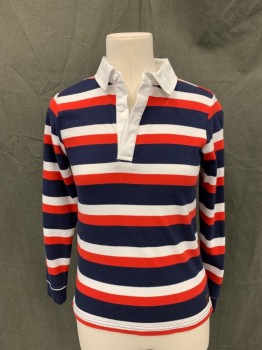 Childrens, Polo, JANIE & JACK, Navy Blue, White, Red, Cotton, Stripes, 8, White Collar and Hidden Placket, 3 Buttons,  Long Sleeves, Ribbed Knit Navy Cuff