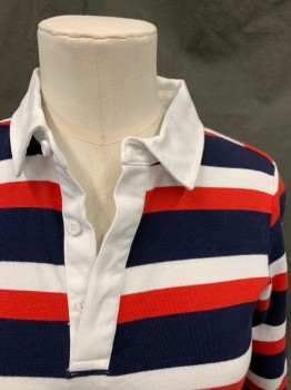 Childrens, Polo, JANIE & JACK, Navy Blue, White, Red, Cotton, Stripes, 8, White Collar and Hidden Placket, 3 Buttons,  Long Sleeves, Ribbed Knit Navy Cuff