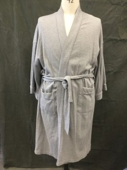 COVINGTON, Medium Gray, Cotton, Polyester, Solid, Waffle Knit, Open Front, 3/4 Sleeve, 2 Pockets, Self Belt Attached at Back Waist, Belt Loops