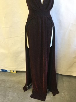 WINDSOR, Black, Dk Red, Nylon, Polyester, Solid, Black with Red Sparkling, Deep V-neck,  Spaghetti Strap with Criss-cross Back, 2" Under Bust Line, Flap Center Front with Open Over Lap Sides Long Skirt