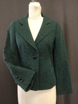 CLASSIQUE ENTIER, Green, Black, Polyester, Viscose, Heathered, 1 Button Single Breasted, Rounded Lapel, 2 Patch Pockets Peplum Lower with Gathers at Back Waist