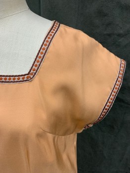 Womens, Historical Fiction Tunic, MTO, Apricot Orange, Poly/Cotton, Solid, W 34, B36, Square Scoop Neck, White Embroidered Ribbon Trim with Brown Stripes and Burnt Orange Dots, Side Seam Slits