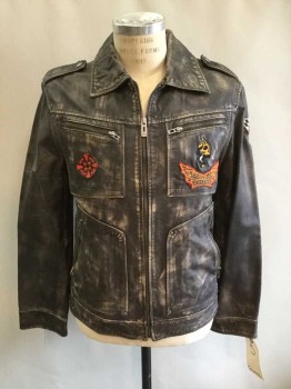 Guess Jeans, Brown, Leather, Solid, Long Sleeves, Zip Front, 4 Pockets with Zippers, Shoulder Epaulets, Assorted Patches On Pockets and Sleeve, Silver Grommets, Snap Cuffs, Distressed Leather