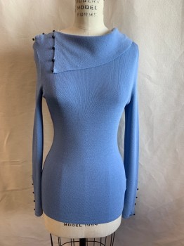 CLUB MONACO, Lt Blue, Viscose, Nylon, Solid, Asymmetrical Neck, 7 Black Buttons at Right Side Neck, 5 Black Buttons Cuff