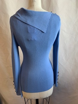 Womens, Pullover, CLUB MONACO, Lt Blue, Viscose, Nylon, Solid, S, Asymmetrical Neck, 7 Black Buttons at Right Side Neck, 5 Black Buttons Cuff