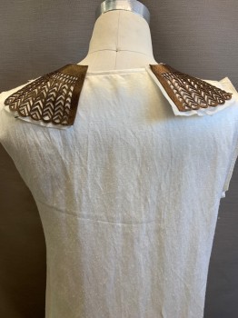 Mens, Historical Fiction Tunic, MTO, Cream, Bronze Metallic, Silk, Leather, Solid, Geometric, C38, Unfinished Sleeveless, Straight, Round Neck,  with Laser Cut Leather Collar Partially attached