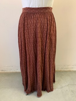 Womens, Historical Fiction Skirt, N/L MTO, Sienna Brown, Cotton, W:38, Self Pattern with X Shapes and Diagonal Stripes, 1.5" Wide Self Waistband, Gathered Waist, Floor Length, Raw Frayed Hem,