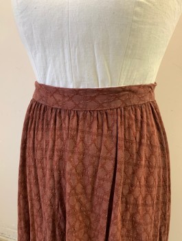 N/L MTO, Sienna Brown, Cotton, Self Pattern with X Shapes and Diagonal Stripes, 1.5" Wide Self Waistband, Gathered Waist, Floor Length, Raw Frayed Hem,