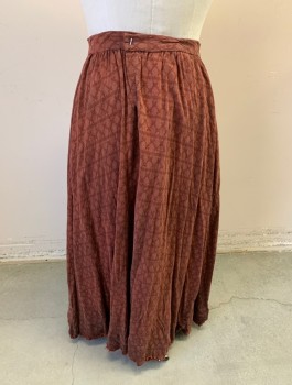Womens, Historical Fiction Skirt, N/L MTO, Sienna Brown, Cotton, W:38, Self Pattern with X Shapes and Diagonal Stripes, 1.5" Wide Self Waistband, Gathered Waist, Floor Length, Raw Frayed Hem,