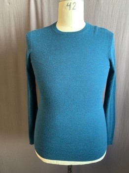 Mens, Pullover Sweater, JOHN VARVATOS, Teal Blue, Cashmere, Heathered, M, Ribbed Knit Crew Neck, Ribbed Shoulder Panels, Long Sleeves, Ribbed Knit Waistband/Cuff, Self Ribbed Knit Elbow Patches