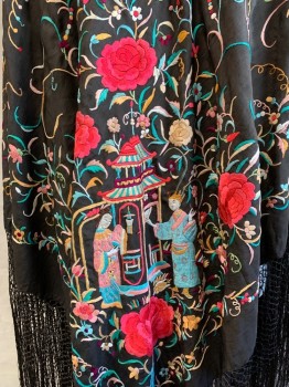 Womens, Shawl 1890s-1910s, N/L, Black, Silk, Floral, Novelty Pattern, O/S, Solid Black with Floral Multicolor Embroidery, Embroidered Chinoiserie, Netting with Fringe at Hem, Very Good Condition
