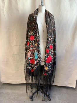 Womens, Shawl 1890s-1910s, N/L, Black, Silk, Floral, Novelty Pattern, O/S, Solid Black with Floral Multicolor Embroidery, Embroidered Chinoiserie, Netting with Fringe at Hem, Very Good Condition