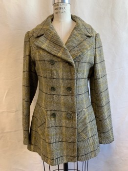 Womens, Coat, N/L, Dk Olive Grn, Tan Brown, Black, Olive Green, Wool, Grid , W 30, B 34, Twill Dark Olive and Tan with Black and Olive Grid Overlay, Double Breasted, Collar Attached, Notched Lapel, 2 Pockets, Long Sleeves, Back Attached Buttonned Waist Belt