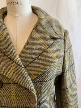 Womens, Coat, N/L, Dk Olive Grn, Tan Brown, Black, Olive Green, Wool, Grid , W 30, B 34, Twill Dark Olive and Tan with Black and Olive Grid Overlay, Double Breasted, Collar Attached, Notched Lapel, 2 Pockets, Long Sleeves, Back Attached Buttonned Waist Belt