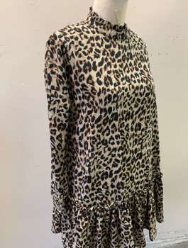 ASOS, Beige, Black, Brown, Polyester, Animal Print, Leopard Spots, Crepe, Shift Dress with Dropped Waist, Ruffle Around Hips, High Neck with Ruffle Trim, Hem Mini